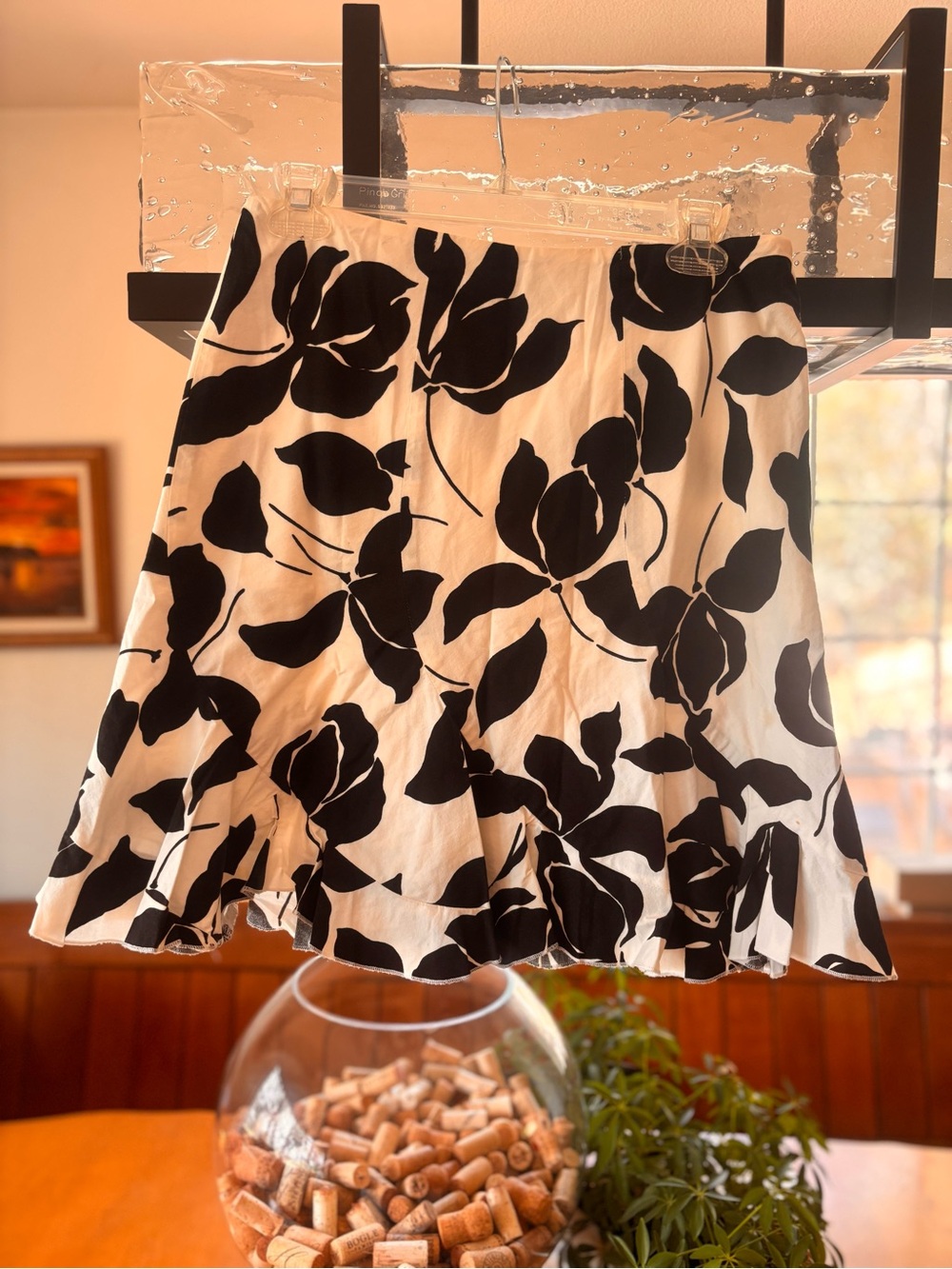 White House Black Market Black & White Leaf Pattern Ruffle Flared Skirt
